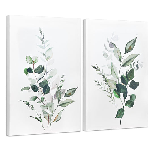 ArtbyHannah 2 Pieces 16x24 inch Modern Framed Canvas Wall Art Set with Botanical Green Eucalyptus Leaf Prints for Bedroom Ready to Hang